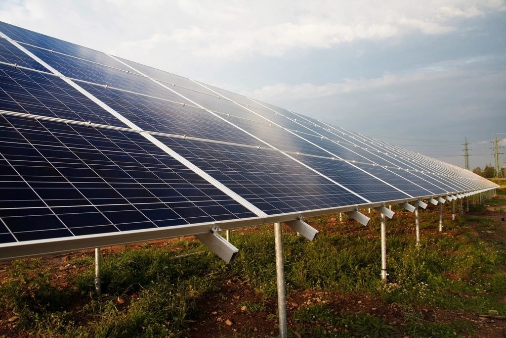 Rows of solar panels on a mounting structure