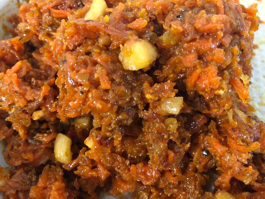 Gajar halwa with almonds and cashews close up