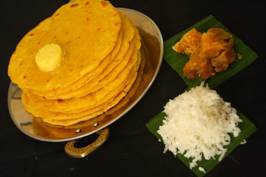 Makki ki roti served with gur and white butter